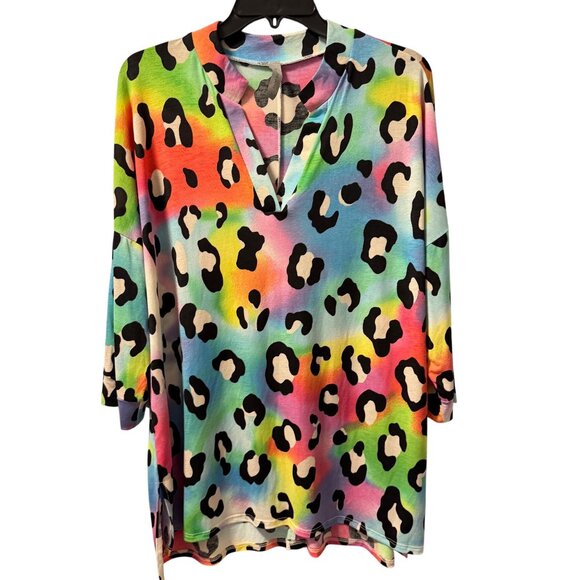 HoneymE Curvy Rainbow Leopard Print Top Sz XL blouse tunic multi - Picture 3 of 12